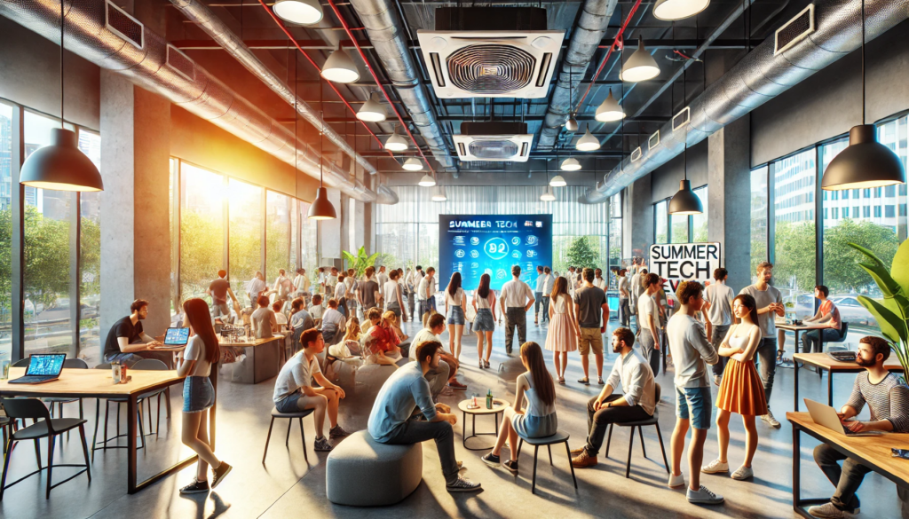 L'estate ci saluta, l'innovazione torna protagonista. Il format Slush'd atterra a Bolzano da Helsinki. A Berlino i giorni dell'IFA DALL%C2%B7E 2025 06 30 08.29.58 A realistic image of a group of people attending a summer tech event indoors. The indoor environment is modern and cool with air conditioning tech p